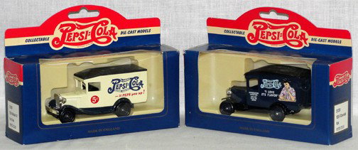 English Pepsi Die Cast Delivery Trucks: No. 13056 1934 Model A Ford Van and 21038 1934 Chevrolet Van, both made in England by Lledo and Days Gone By. Both are about 3" long.