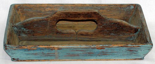 19th Cent. Blue Painted Cutlery Box: Original blue painted cutlery box, handmade, easily last half of 19th century, 12" long by 8" wide by 2" tall.