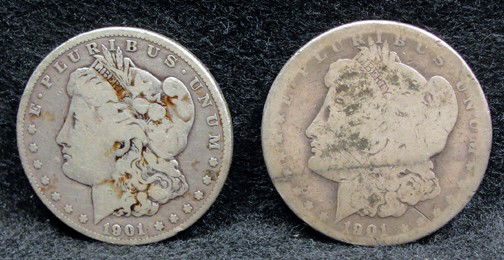 2 Morgan 1901 S Silver Dollars: 2 1901 S Morgan silver dollars, poor to good condition.