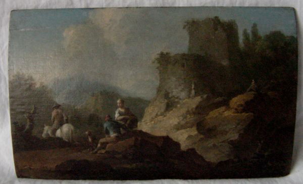 A Landscape Painting by Franz de Paula Ferg (attr): Lot No. 91 at sale number 2449 at Christie's, attributed to Franz de Paula Ferg (Vienna 1689-1740 London), oil on paper laid down on panel, 4 1/4" tall by 6 5/8" wide, no frame, showing travelers in a