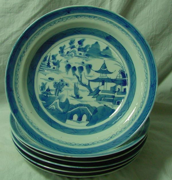 A Set of 6 Canton Soup Bowls Plates: Easily 1850 or prior, some firing blisters with discoloration from age, 4 of the set either have firing flaws or small nicks but are easily useable. Good colors, surface glaze pitting on the back as y