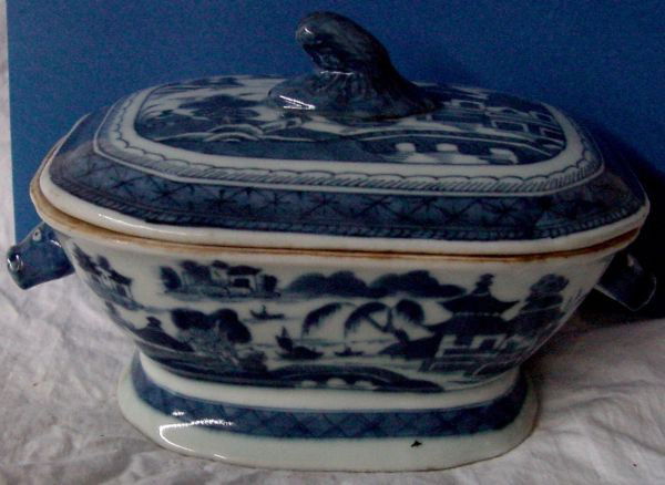 A 19th Cent. Blue Canton Covered Tureen: As small a tureen as you could imagine, only 8" long including the stylized animal head handles, 4 1/2" wide and tall, the tureen bowl has an old age crack with a large staple repair, otherwise, it se