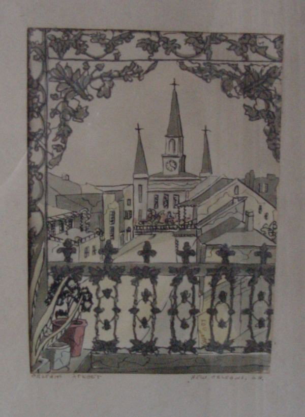 A Gypsy Lou Webb New Orleans Watercolor: Signed Lou Webb and noted Orleans Street, New Orleans, La., known as Gypsy Lou, she and her husband founded a well known publishing house printing unique style books. Well known bohemians, she dressed