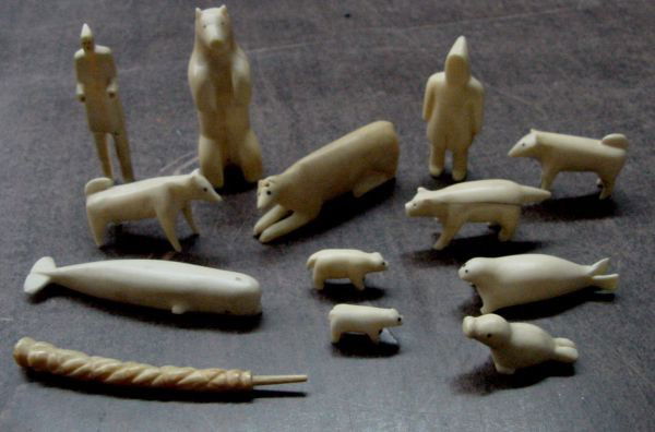A 13 Pce Eskimo Ivory Animal Collection: In the 1940s, a man from Morristown, Tennessee worked in Alaska. He met some of the Eskimos and purchased these animals from them. By 1950, he was back in Morristown and deceased in 1955 in a car acci