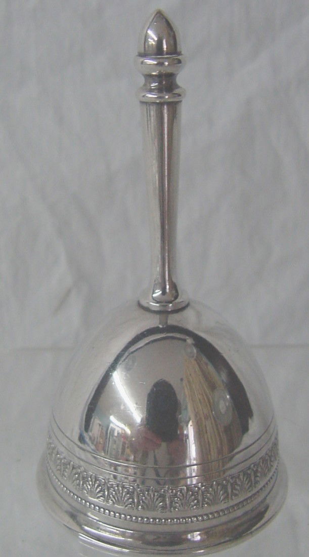 A Gorham Silver Plated Dinner Bell Deco: Art Deco era, marked GMCO with an anchor, likely to be Gorham, stylized band of leaves around the base, excellent condition with only the handle slightly loose but very much useable as is. 2" wide by