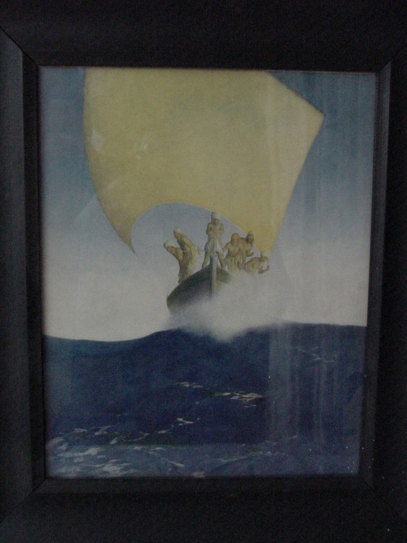 A Maxfield Parrish Print Prince Codadad: Title is Prince Codadad, His Brothers, and the Princes of Deryabar by Maxfield Parrish in his series of The Arabian Nights Prints, original frame, dimensions of the frame are 13 1/2" wide by 15 1/2" t