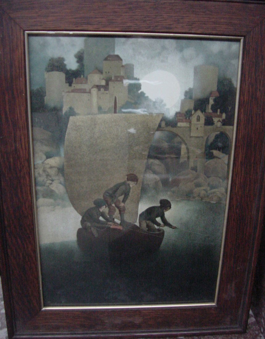 A Wynken, Blynken & Nod Maxfield Parrish Print: Original sellers label of Edward A. Walz & Co., Philadelphia on the back with the title Wynken, Blynken & Nod by Maxfield Parrish, original aged oak frame, dimensions of the frame are 14 1/2" wide by