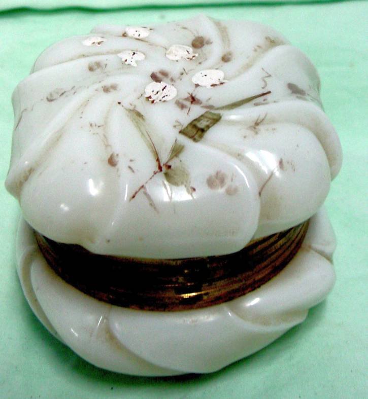 Wave Crest Hinged Jewel Box: Unsigned Wavecrest, brass fittings, swirl design in the glass with traces of old floral painting remaining, 2 1/2" tall by close to 3" square. The brass closing clasp is missing from the front, otherw