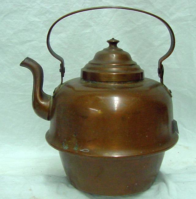 19th Cent. Copper Handmade Tea Pot: Handmade copper tea pot, strong handle and handle attachments, larger exterior rim to be dropped down in an old coal cook stove, likely to be 1850-1875, excellent condition, tin lined, small dents alo