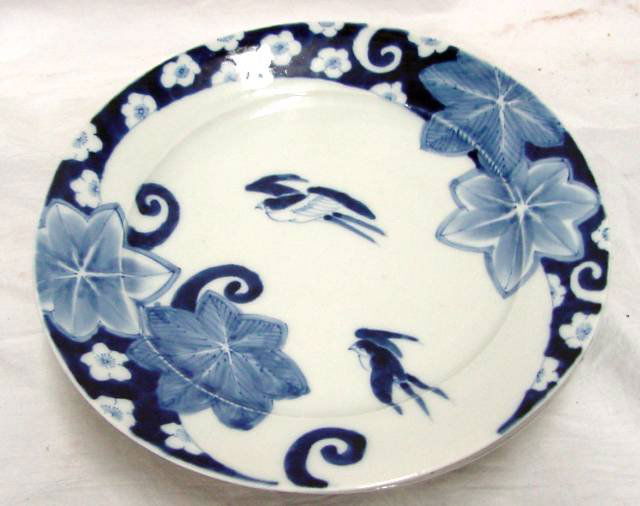 Blue & White Oriental Porcelain Plates: 8 1/2" diameter, set of 6 plates, blue and white porcelain plates with floral designs and bird in flight, probably third quarter of the 19th Century, very thin porcelain, no visible damage.