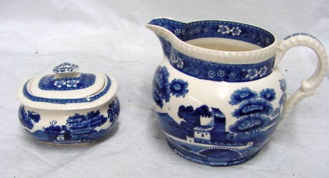 Blue & White Copeland Spode Tower Pitcher: Large creamer size, blue and white transfer ware, oval stamped on the bottom Copeland Spode's Tower England, late 19th or early 20th Century. 6" from spout to handle, 4 1/4" tall. No visible damage.