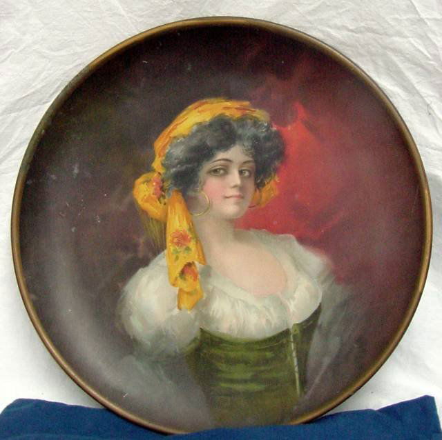 3 19th Cent. Tole Chargers w/Ladies: 17 1/2" diameter, metal, one of the chargers features a peasant girl with large hoop ear rings, possibly depicting an exotic Italian, one is a bouquet of red roses on a shelf, and one is violets in a