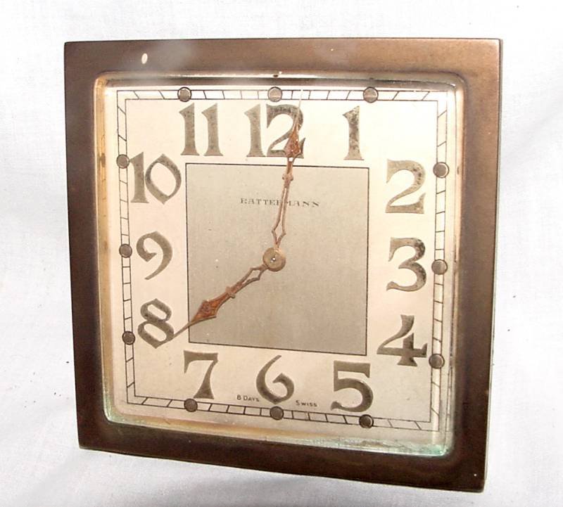 Rattermann Art Deco Desk/Travel Clock: Brass frame w/slightly beveled glass, windup movement, Swiss from Rattermann, 4" square, probably 1920s or 30s era. All parts seemingly here. 8 day movement