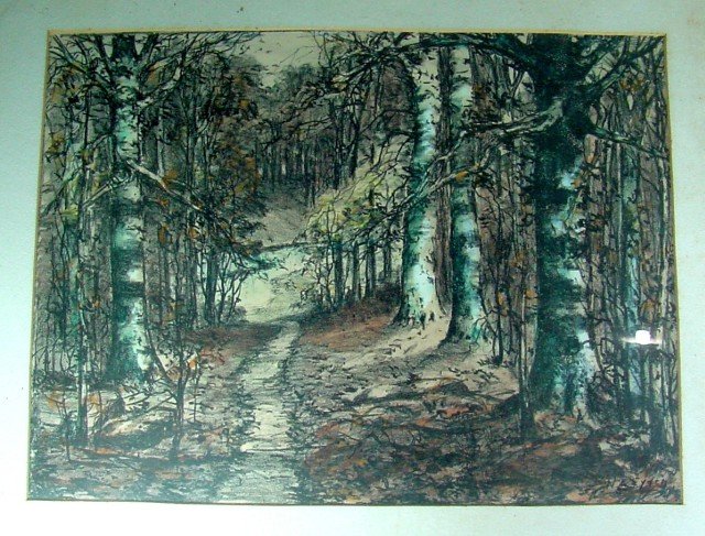 William Eyden Indiana Artist Original Landscape: Signed W. A. Eyden, this seems to be a drawing with watercolor accents, showing a wooded scene, probably Birch tees from the bark colors, walk or pathway in the center. Image size is 16 wide by 12" ta