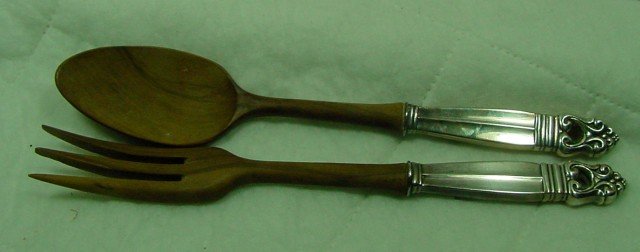 Sterling & Wood Salad Set: 1950s, Sterling handles and wooden bowl & fork, 10 3/4" long, no monograms.