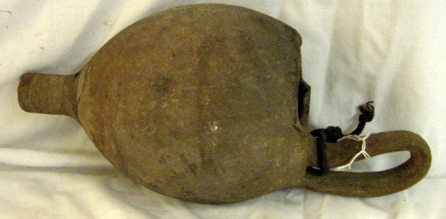 Cherokee? Pottery Bee Smoker: Unsigned but in the shape and decoration form of Cherokee Pottery, 1880-1910, large molded loupe handle, area for fire inside with area to blow smoke into bees, almost triangular shaped incised lines,