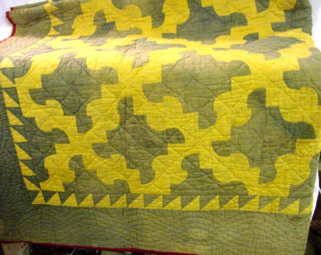 Maize & Green East Tenn. 1910 Quilt: Maize or corn colored background with slightly faded green patterns, colorful backing and borders, all cotton, 1910-1930 era, 72" square.