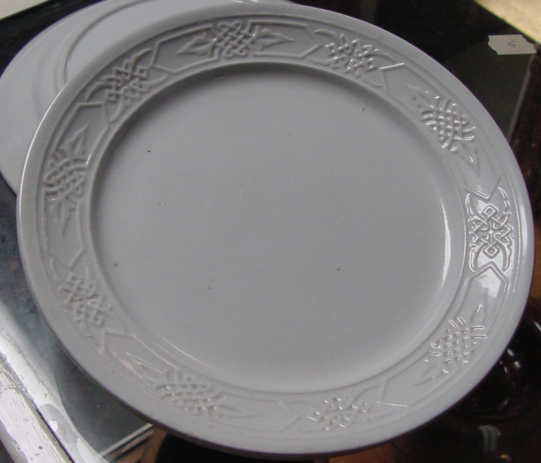 3 J. T. Close Stoke On Trent Ironstone Plates: Old markings on the base for the date markings, made by J. T. Close & Co., Stoke Upon Trent with rampant lions symbol, lattice and panel designs on the exterior rim of the plates, 9" diameter, set of 