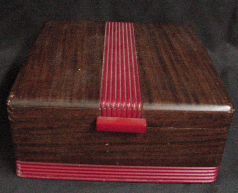 Art Deco Mahogany Box: Rich Mahogany with a painted red fluted or ribbed center stripe, dovetailed sides, 8" wide and deep by 4" tall. 1920s or 30s Art Deco.