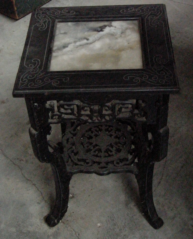 Ebonized 19th Cent. MT Fern Stand: All original ebonized finish, dropped center off white streaked marble surrounded by a black frame and legs, 1880-1900 era, 13" square by 20" tall, one support slightly loose, otherwise in good condit