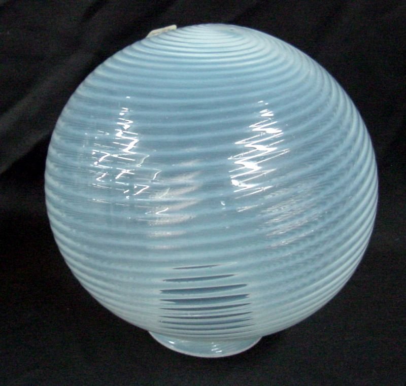 Blue Opalescent Shade 3 1/4" Fitter: Hand blown, blue swirled opalescent with a lot of fire in the glass, probably 1920s or 30s era, 3 1/4" fitter, 7 1/2" wide by 8" tall. No visible chips or cracks.