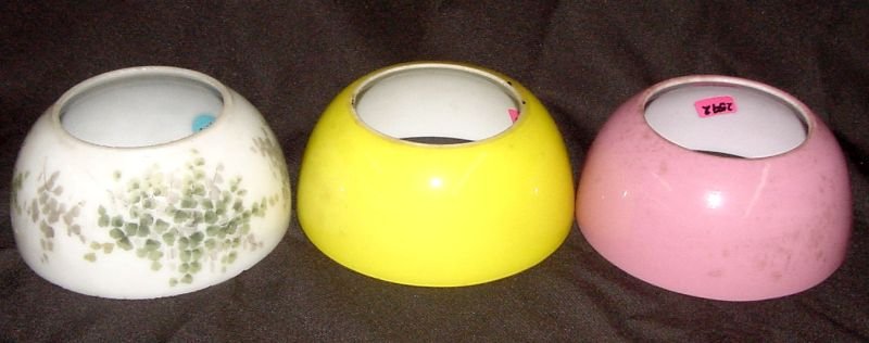 3 Fancy Shades: 3 Unmatched but same size shades, 1 pink overlay, 1 lemon overlay, one white painted floral designed, all 4 3/4" outside dimensions, 2 3/4" wide opening exterior. dimensions on the top, 2 1/4" tall. A