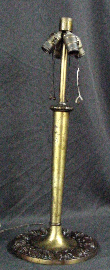 Handel? Table Lamp Base Gilt Bronze: EM & CO., on the bottom weight, this base was made to hold a large or wide shade, 26" tall by 10 1/2" wide base, stylized leaves on the base, all four pull chains to the switches have acorns for Hande