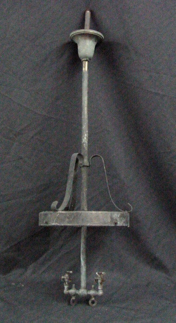 2 Jet Gas 1910 Ceiling Fixture: Iron center shaft with brass outer ring, 2 gas sockets, curved iron decorative arms, 32 1/2" tall to the top of the bell by 10" diameter,