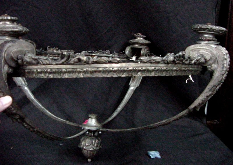 Large Ceiling Fixture w/Foliate & Acanthus Leaves 1910: White colored metal, 4 large panels with holders for sockets, one has the surround missing, extremely heavy mount, this will take either a single shade of 20" diameter by 11" tall or 4 curved panels. 