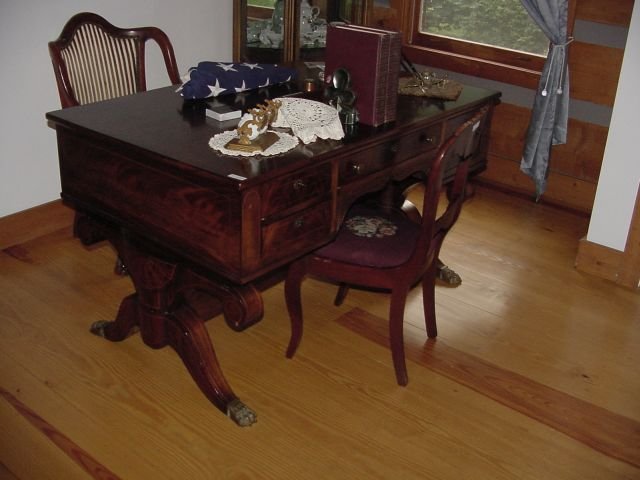 1870s Mahogany Inlaid Partner's Desk: Used by Mr. Roy McCarter, Deputy Commissioner of Labor under Lamar Alexander, brass feet, center and side drawers, 1870s Revival era with parts of this being hand made, excellent condition, 52" long,