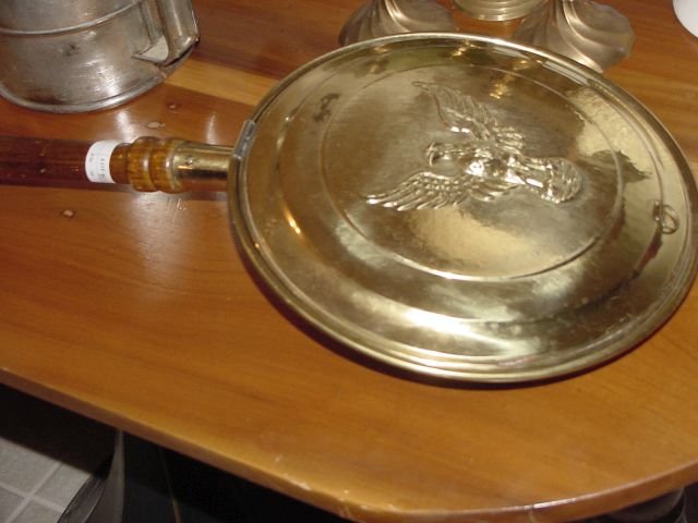 Brass Bed Warmer w/Eagle: 1870s era bed warmer, handle is loose but easy to reattach, polished many times, 11" diameter, 34" long