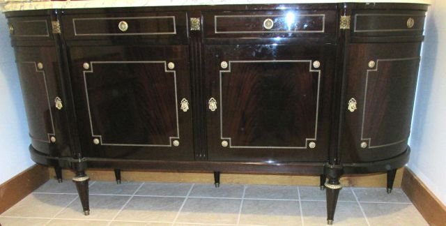 Mahogany Ebonized French Style MT Sideboard: Extremely richly selected striped Mahogany with almost an ebonized finish to enhance the striping, Italian white marble top, bronze trim, curved end doors and drawers, richly finished on the inside as