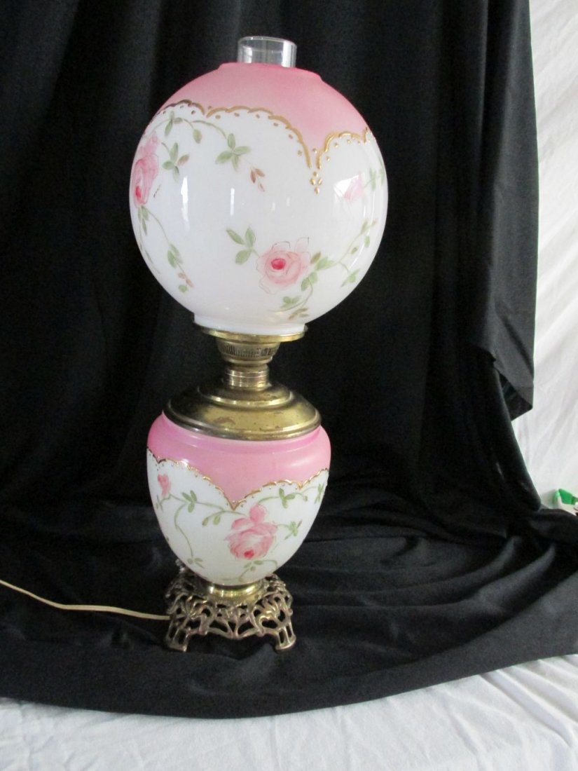 Pink Roses Gone With The Wind Lamp: Originally kerosene, original ball shade to match the base, all hand painted, unsigned, pink roses with greenery, gold trim below the pink borders, 1870-1890 era. Now electrified years ago, good soft,