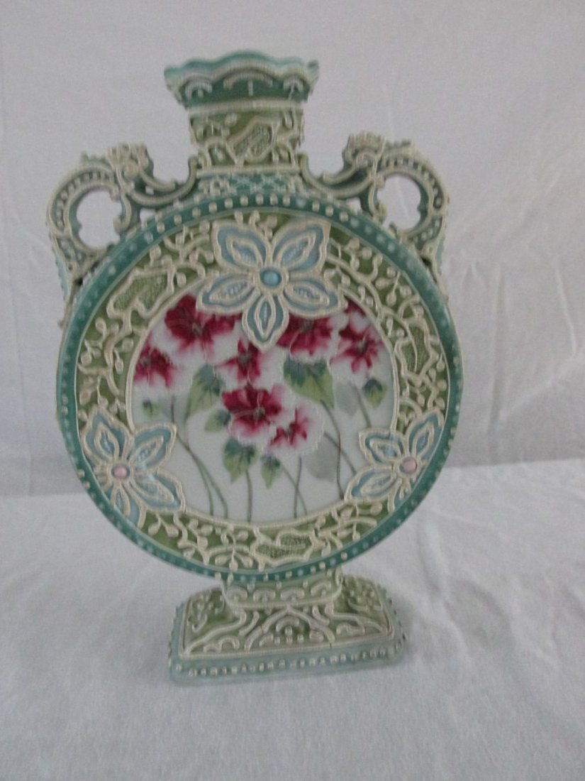 Moriaga Round Sphere Vase: Parts of an old smudged marking that is unreadable, unusual painted round center panel with a pure decorated round border, ends, handles, base and even the interior of the top. Ca. 1890-1910, a most u