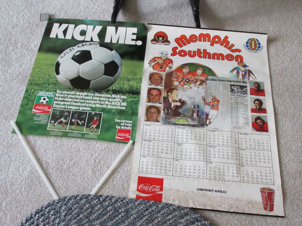 1975 Memphis Southern Coca Cola Calendar & Soccer: Single sheet of Memphis Southern Grizzlies and World Foot Ball League, 1975 with Coca Cola advertising, Kick Me with Adidas and Coca Cola advertising poster. You are bidding on 2 pieces. Larger size i