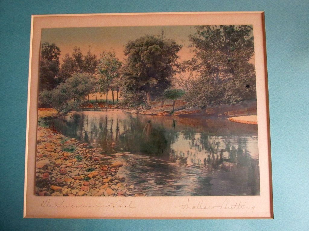 The Swimming Pool Wallace Nutting Print: Original print entitled The Swimming Pool by Wallace Nutting, probably 1930s. Seemingly hand tinted. Image size is 9 1/2" wide by 7 1/2" tall, original framing is 14" tall by 17" wide.