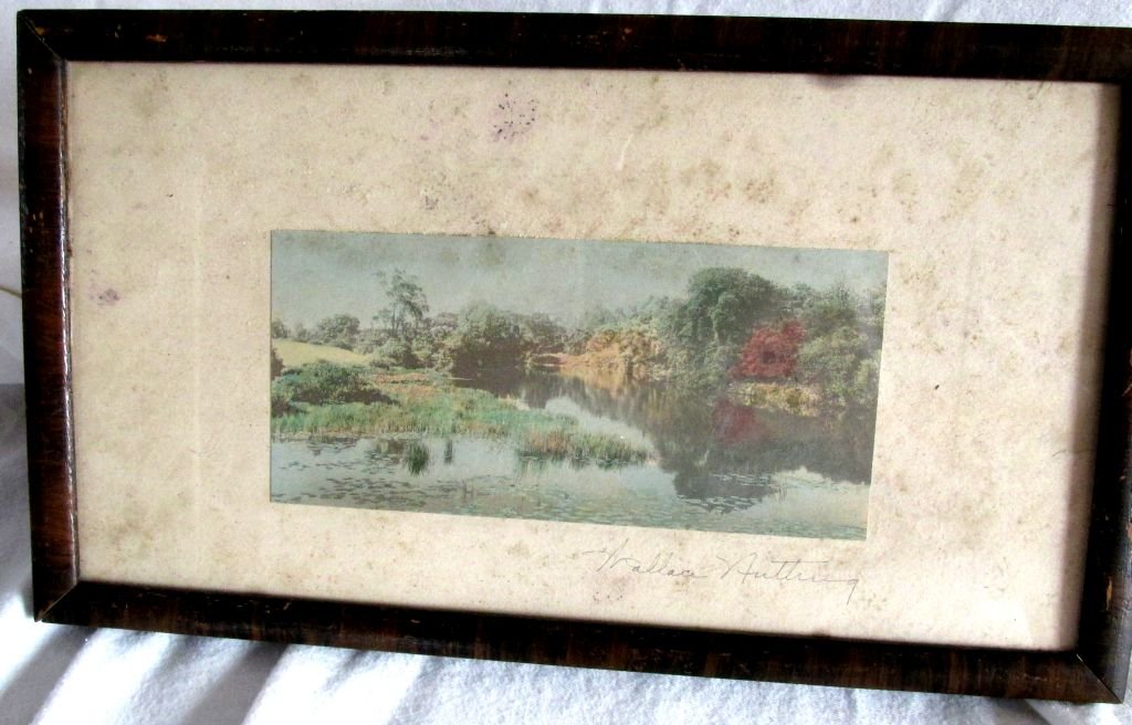 Wallace Nutting Print 1920s: Signed Wallace Nutting print of trees reflecting in water with grasses and trees reflecting as well. The print itself is in good condition with the backing paper bearing the signature needing to be cl