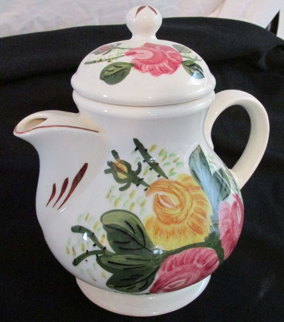 Blue Ridge Coffee Pot: Signed Southern Potteries, the maker before it became Blue Ridge, floral design coffee pot. 7 1/2" wide and tall including the handle, spout and finial.