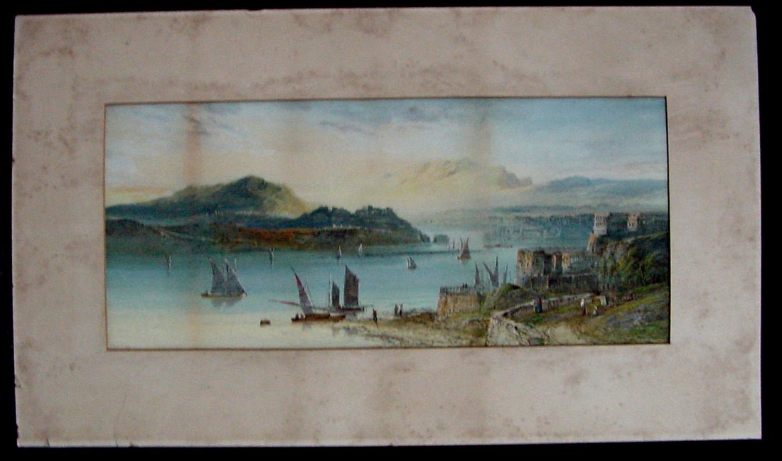 George Lennard Lewis RBA Harbor Scene Watercolor: Ancient ruins with sail boats rock or stone wall with figures walking along looking out to sea. Signed lower left L. Lewis 98, watercolor on artist board, the artist George Lennard Lewis 1826 to 1931