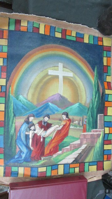 Hans Osswald Swedish Religious Painting: Oil on canvas, signed lower left Hans Osswald-Heidenheim, showing Christ being brought down probably tomb steps, border resembles a stained glass window, never mounted on stretcher, shipped home in th