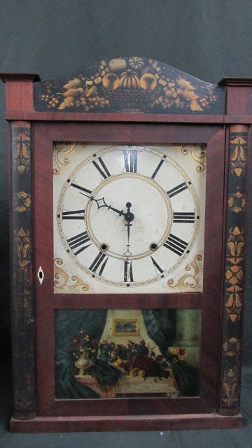 Riley Whiting Wooden Works Clock: Most of the original label is intact for Riley Whiting of Winchester, Conn., NO weights, reverse painted tablet still life, wooden works and wooden painted face, stenciled bowl of fruit in top, stenci