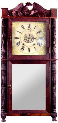 Eli Terry, Jr. Wooden Works Two Decker Transition: Original Label Of Eli Terry, Jr., On Backboard, Terrysville, Conn., Two Decker, Transition Clock, Old If Not Original Mirror In Lower Door, Well Carved Side Columns & Splat w/Eagle, Paw Feet, Eight Da