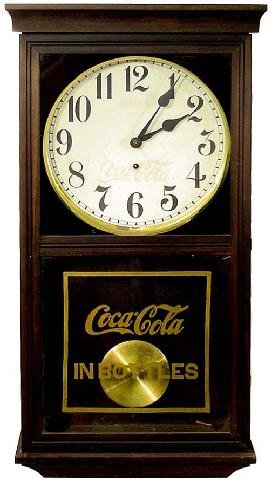 Coca-Cola Wall Clock By Gilbert: Mahogany Finished Fruitwood Or Poplar Case, This Reverse Painted Black w/Gold Circle Around Face & Base Tablet w/Coca-Cola In Bottles In Gold Appears To Be All Original, Noted On Face Bottom, Made In