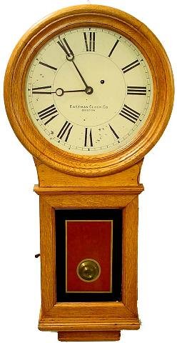 Eastman Clock Co. Boston Wall Clock: Eastman Clock Co. Is Shown To Have Been In Business Between 1886 & 1888, Later Becoming Boston Clock Co., & Finally, Chelsea Clock Co. Refinished Oak Case w/Red & Black Tablet, Some Flaking To Face, T