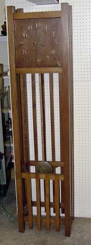 Oak Mission Style American Grandfather Clock: Early 20th Century, 5 Feet 10 Inches Tall by 17 1/4 Inches Wide, 8 Day Movement, Time & Strike, Refinished Oak Mission Style Case, No Makers Name Visible, Brass Arabic Numbers Around Square Face, Wind