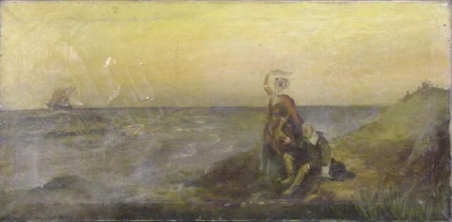 Pilgrims Waving at Ship - Unsigned : A woman stands and waves her hankie with one hand as she holds the hand of a man sitting down as they both gaze out into the sea at a passing three masted ship. Other figures can barely be seen in the