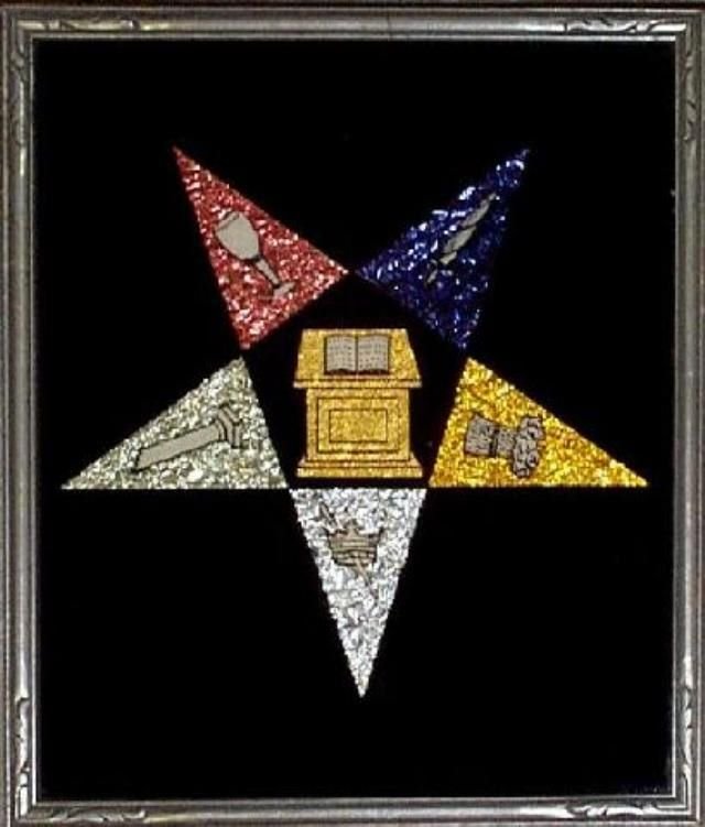 Knights of Columbus Foil Folk Art Image by Roy H.: Super folk art image of a Knights of Columbus star symbol. Multi colored foil backing beautifully enhance a reverse painted star symbol with various symbols in each point of the star. Signed on the ba