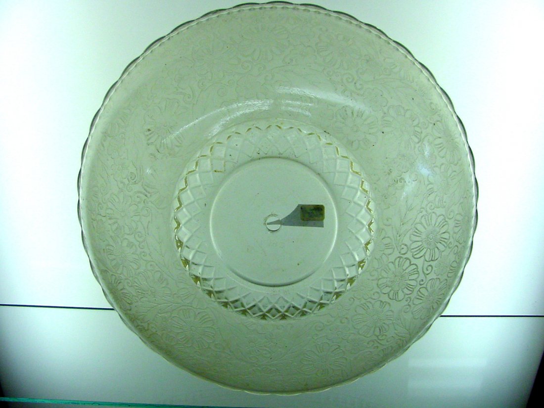 Single Ceiling Shade: Single mount ceiling shade, clear and floral design, 14" diameter, 3 1/2" tall, small nick to pie crust edge that would not show from floor damage. Clear to frosted glass with pie crusted edge.