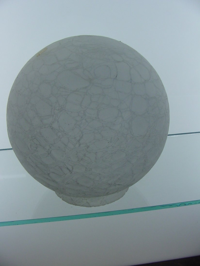 Porch or Hall Shade: 3 1/4" fitter, ball shaped, crackled finish, porch or hall lamp shade, 6" tall and wide, base opening for mounting as well as top. Roughness around the edge of the fitter.
