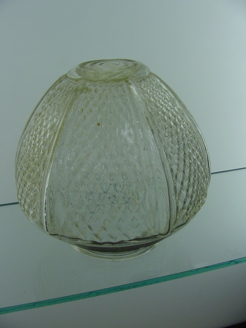 Pr. Clear Paneled Diamond Pattern Shades: Pr. Clear 3 1/4" fitters, 5 1/2" tall by 6" diameter, paneled diamond with concentric top rings and on base, probably a porch light.